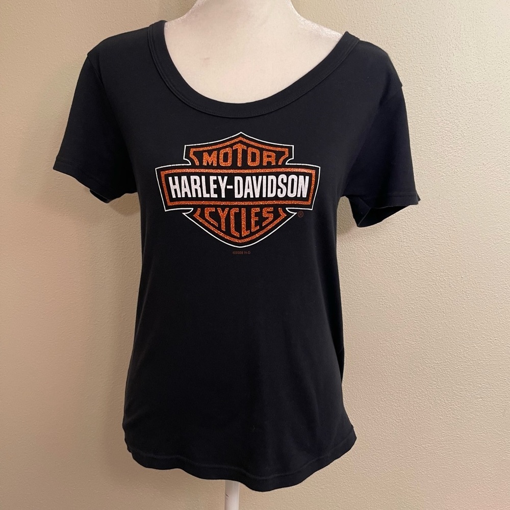 Harley-Davidson Black T Shirt Orange Glitter Bar And Shield Logo Size XL
